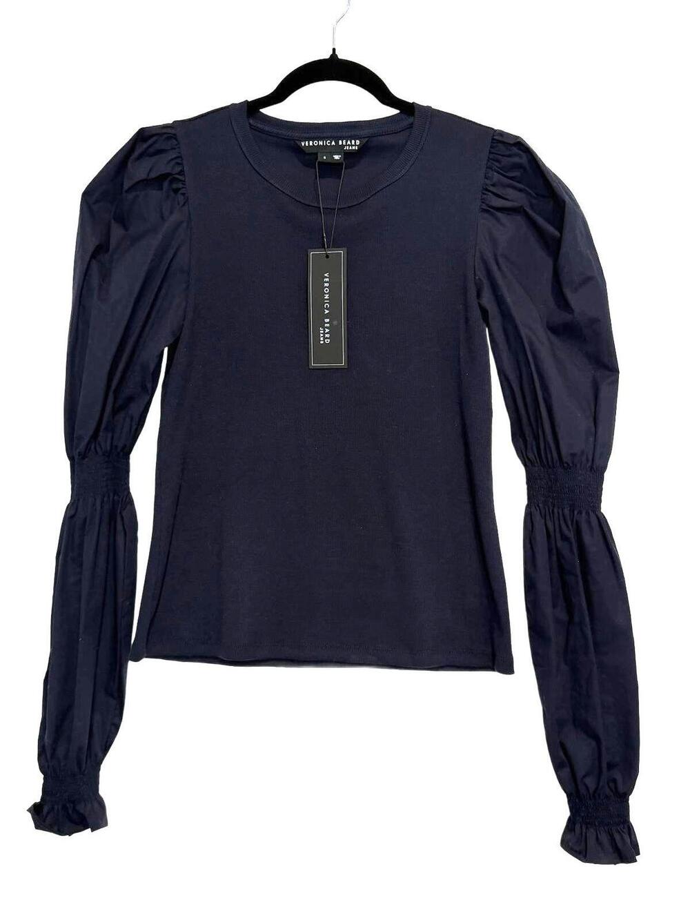 Veronica Beard Fawn Mixed Media Puff Sleeve Top Navy Ribbed Knit Size S NWT!